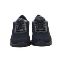Black mesh sneakers with leather details and black laces, shown from the front on a white background.