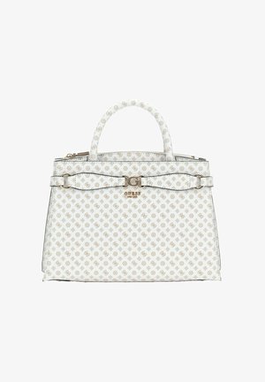 Borsa strutturata bianca con un motivo del logo in rilievo, dettagli in metallo dorato, manici arrotondati doppi e tracolla amovibile.