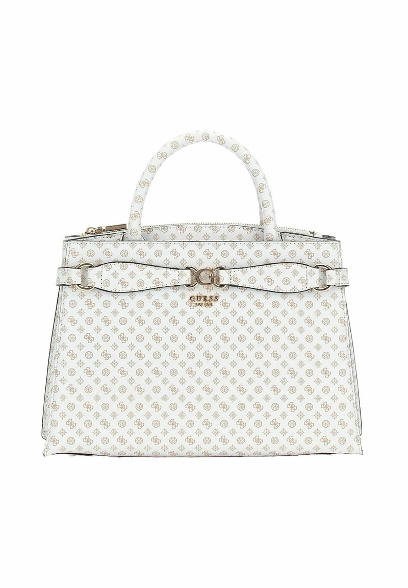 Borsa strutturata bianca con un motivo del logo in rilievo, dettagli in metallo dorato, manici arrotondati doppi e tracolla amovibile.