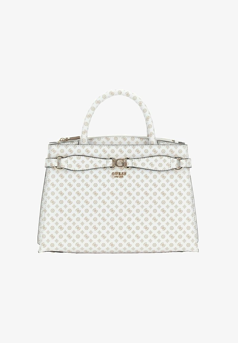 Borsa strutturata bianca con un motivo del logo in rilievo, dettagli in metallo dorato, manici arrotondati doppi e tracolla amovibile.