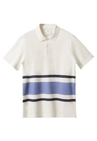 Polo crème avec col, présentant des rayures horizontales bleu marine et bleu clair sur la poitrine. Matière en coton, manches courtes.