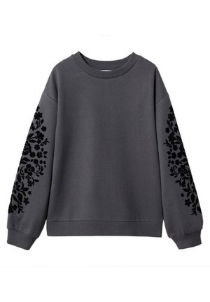 Mørkegrå langærmet sweatshirt med sorte blomsterprint, der løber langs begge ærmer, ribstrikkede manchetter og en rund halsudskæring.