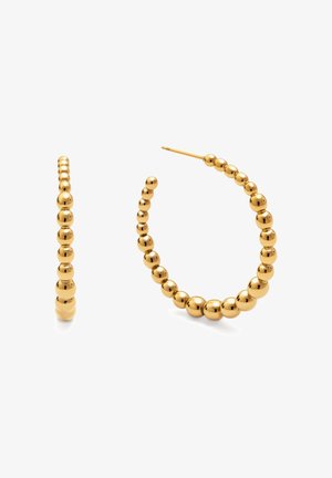 Zlatne okrugle naušnice sastavljene od vremenski podijeljenih sjajnih sfera raspoređenih od sitnih do velikih u zakrivljenom dizajnu, s zatvaranjem na štift.