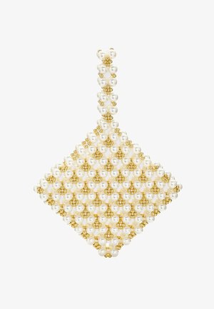 Pearl and gold beaded pendant in a diamond shape with textured surface. Features white pearls and small gold accents throughout.