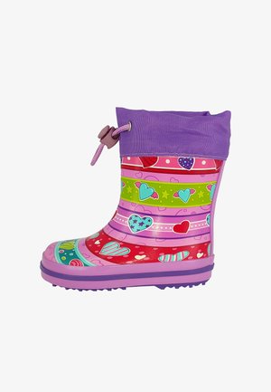Gummiregenstiefel mit einem lila Bündchen, verziert mit bunten Herzmustern und Streifen in Pink, Rot und Grün, ausgestattet mit einer lavendelfarbenen Kordel.