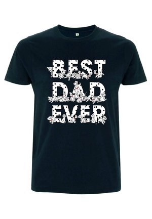 Schwarzes Baumwoll-T-Shirt mit fettem weißen Text "BESSTER PAPA EVER", verziert mit Cartoon-Hund-Grafiken und Pünktchen. Klassischer Rundhalsausschnitt.