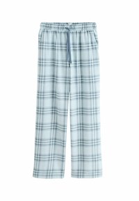 Lyseblå ternede pyjamasbukser lavet af blødt stof, med et elastisk taljebånd og snoretræk samt brede, lige ben.