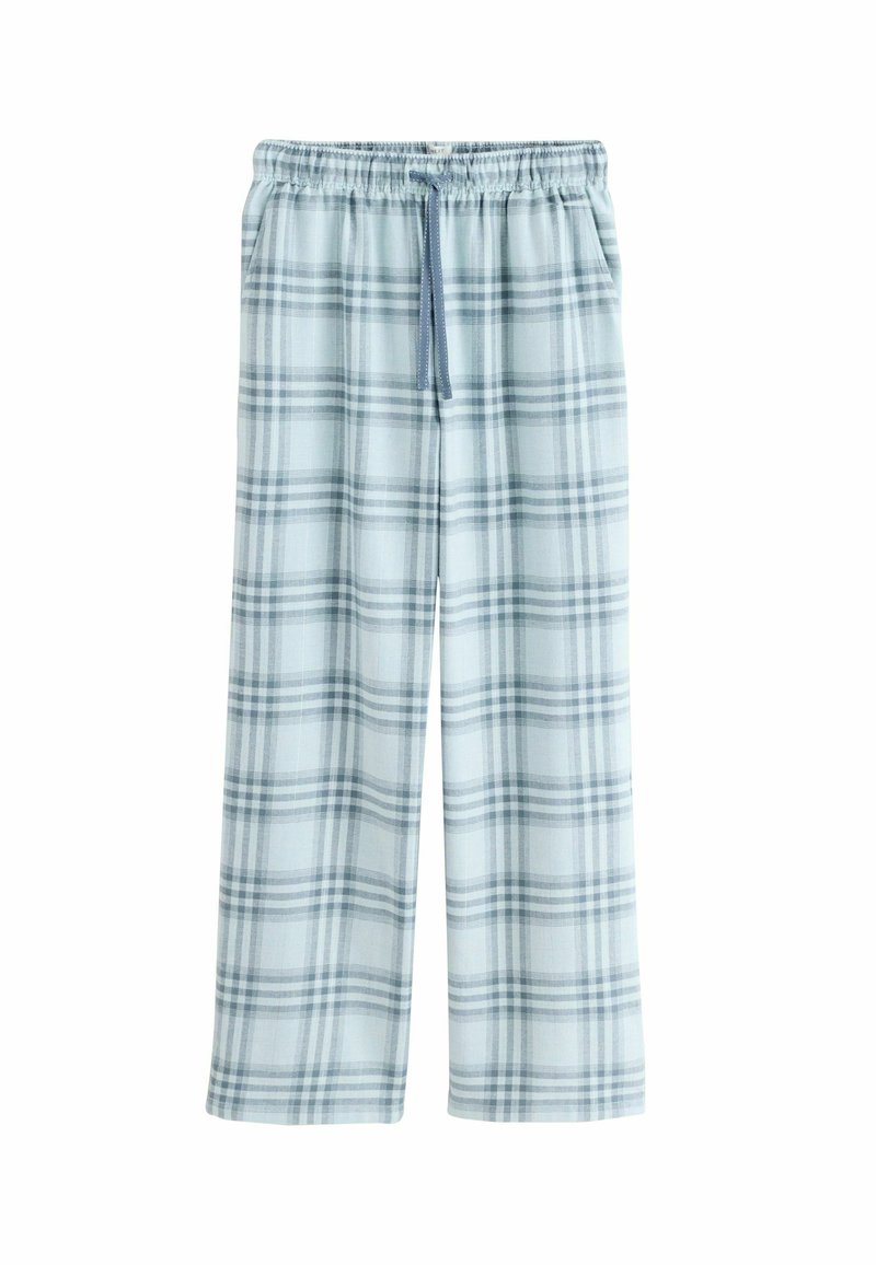 Lyseblå ternede pyjamasbukser lavet af blødt stof, med et elastisk taljebånd og snoretræk samt brede, lige ben.
