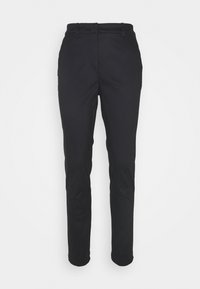 Pantalon noir en matériau lisse, avec une coupe slim, des jambes droites et une taille mi-haute avec passants de ceinture.