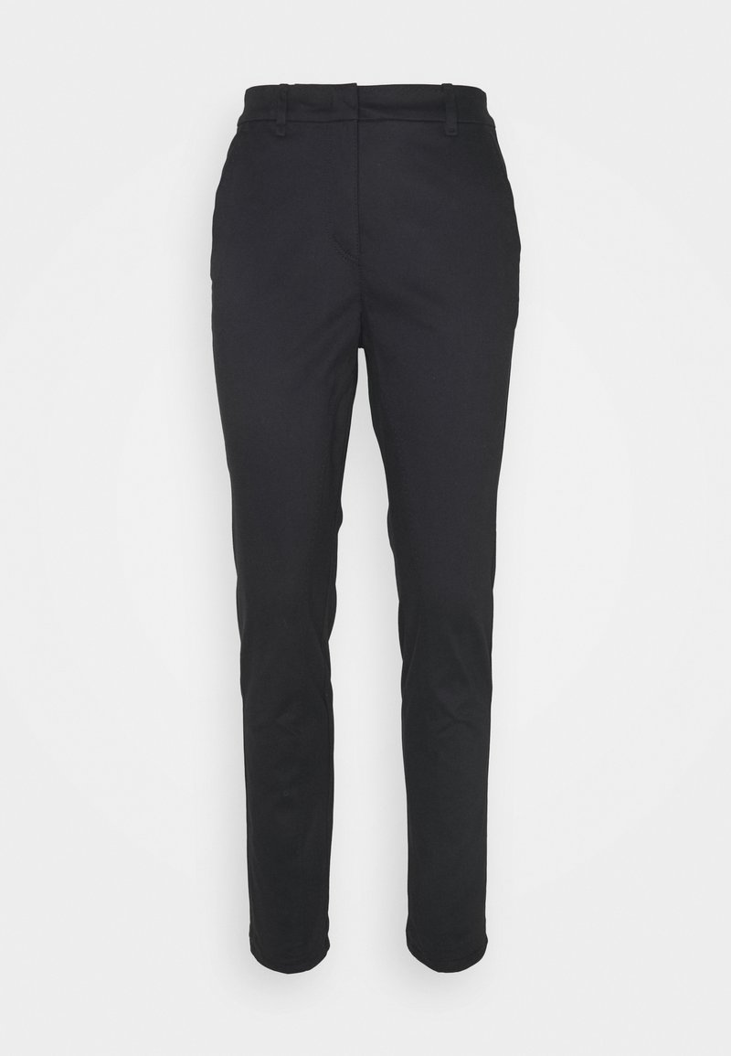 Pantalon noir en matériau lisse, avec une coupe slim, des jambes droites et une taille mi-haute avec passants de ceinture.