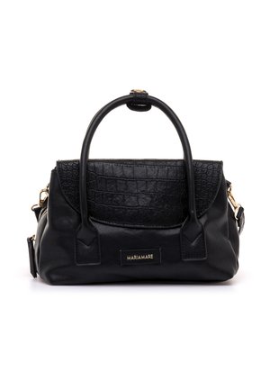 Bolso de mano de piel negra con solapa de textura de cocodrilo, dos asas, herrajes dorados y logo de Mariamare en el frente.