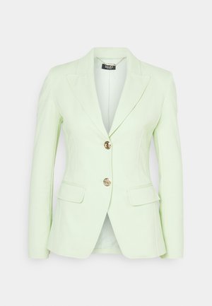 Light green blazer made of smooth fabric, featuring a tailored design, notched lapels, and gold-tone buttons with two front pockets.