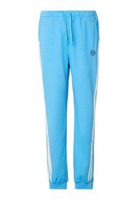 Hellblaue Jogginghose aus weichem Stoff, mit weißen Seitenstreifen und einem elastischen Bund. Mit kleinem Logo auf der Vorderseite.