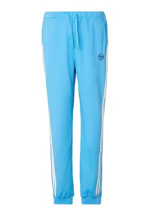 Vaaleansiniset collegehousut, jotka on valmistettu pehmeästä kankaasta, valkoisilla sivuhihnoilla ja joustavalla vyötäröllä. Edessä on pieni logo.