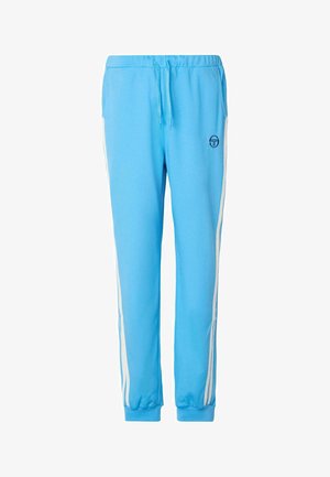 Vaaleansiniset collegehousut, jotka on valmistettu pehmeästä kankaasta, valkoisilla sivuhihnoilla ja joustavalla vyötäröllä. Edessä on pieni logo.