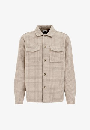 Beige geruite overhemdjacket van textuurstof, met vooraan sluiting met knopen, twee borstzakken en een kraag.