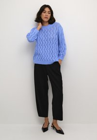 Pulover tricotat de culoare albastră deschisă, cu mâneci lungi și o croială lejeră, având un model texturat și un decolteu rotund. Pantaloni largi negri și tocuri negre.