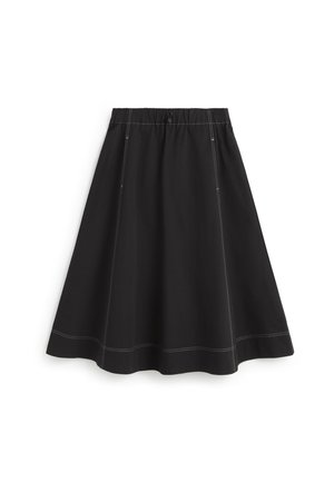 Black skirt with an elastic waistband, features white contrast stitching, flowing A-line shape, and knee-length design.