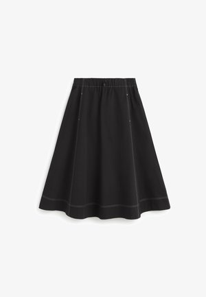 Black skirt with an elastic waistband, features white contrast stitching, flowing A-line shape, and knee-length design.
