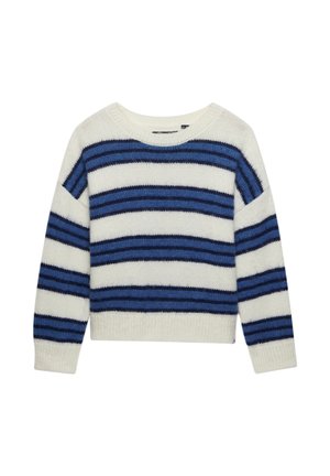 Stribet sweater med en cremefarvet bund, med blå og marineblå vandrette striber, rund halsudskæring og lange ærmer. Blød tekstur.