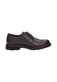 Scarpa da uomo in pelle nera con finitura liscia, punta tonda e dettagli marroni sul tacco e nell'area dell'allacciatura. Suola in gomma per una buona aderenza.