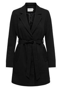 Černý dlouhý kabát s páskem a límečkem, dvěma předními kapsami a hladkým vnitřním podšíváním, navržený pro efekt štíhlého pasu.