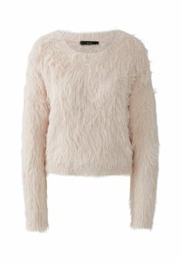 Lichtroze, lange mouwen, fuzzy trui met een ronde hals en een zachte, gestructureerde, harige stof.