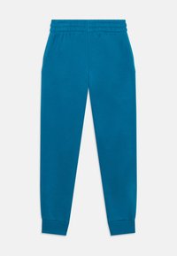 Teal joggebukser lavet af blødt stof, med elastisk talje, snævre cuffs og en glat overflade, præsenteret fladt mod en hvid baggrund.