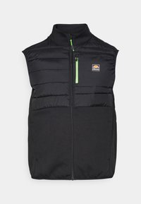 Czarna ocieplana kamizelka z wysokim kołnierzem, z kontrastowym zielonym zamkiem błyskawicznym i małym logo na górnej lewej stronie. Miękka faktura tkaniny.