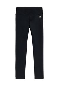 Leggings neri con una fascia larga in vita e una texture liscia. Realizzati in materiale elastico, adatti per attività sportive o uso casual.