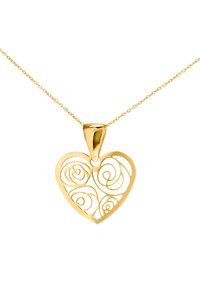 Kuldne südame ripatsiga kaelakett, millel on keerukas roosi lõige, ripub peene kullaketiga. Sile viimistlus, kerge kaal, elegantne kuju.