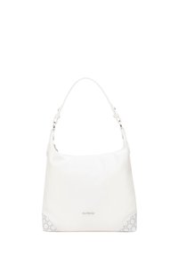 Weißer Ledertaschenhandtasche mit einem lässigen Design, das eine glatte Textur und gemusterte Akzente an der Basis aufweist. Inklusive Schultergurt.