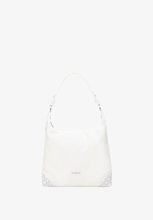 White leather handbag with a slouchy design, featuring a smooth texture and patterned accents at the base. Includes a shoulder strap.