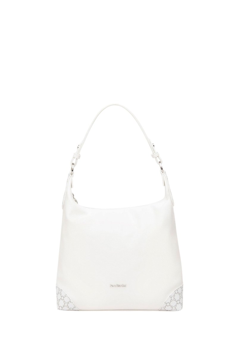 Weißer Ledertaschenhandtasche mit einem lässigen Design, das eine glatte Textur und gemusterte Akzente an der Basis aufweist. Inklusive Schultergurt.