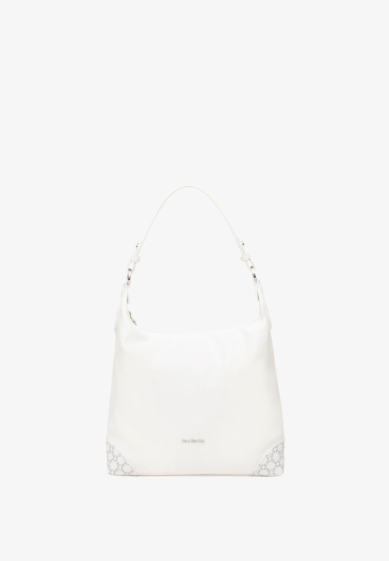 White leather handbag with a slouchy design, featuring a smooth texture and patterned accents at the base. Includes a shoulder strap.