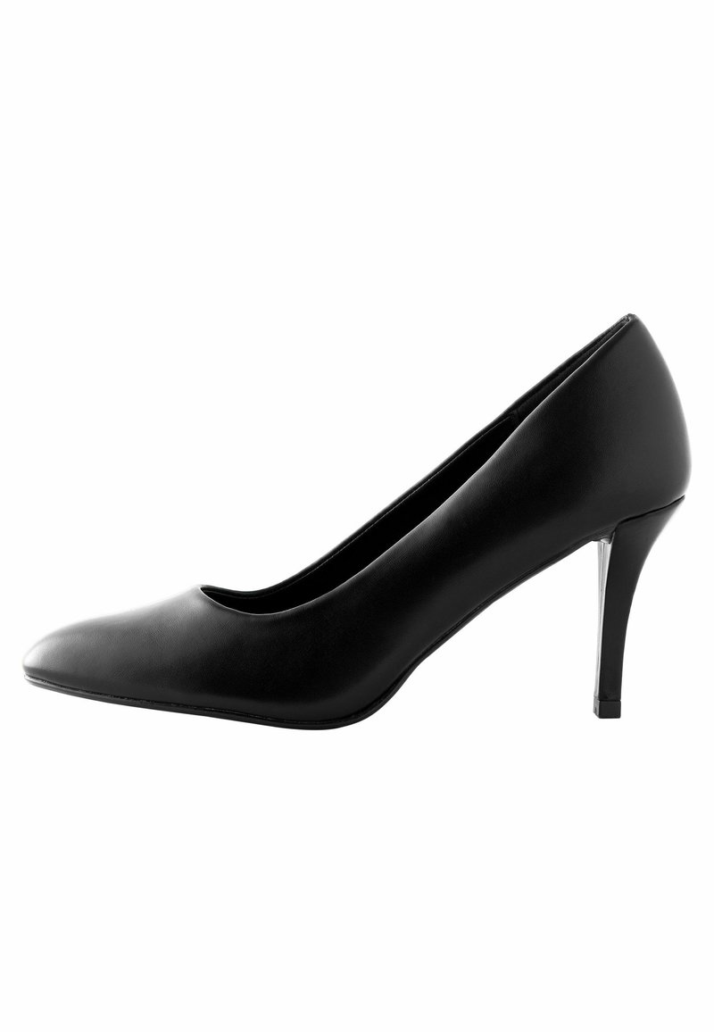 Black high-heeled pump made of smooth synthetic material with a rounded toe and a slender, transparent heel. Clean, sleek design.