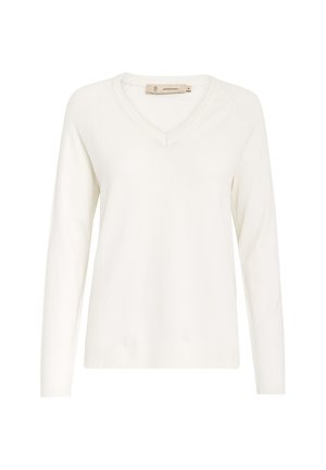 V-izrez, dukserica dugih rukava od mekog, laganog bijelog pletenog materijala s rebrastim detaljima duž izreza i manžeta.