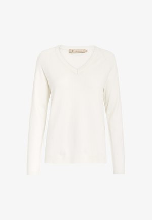 V-Ausschnitt, langärmliger Pullover aus weichem, leichtem weißem Strickstoff mit gerippten Akzenten entlang des Ausschnitts und der Bündchen.