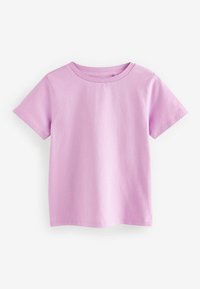 Kurzärmliges T-Shirt aus leicht lila Baumwolle, mit Rundhalsausschnitt und einfachem Design, das über saubere Nähte und keine Verzierungen verfügt.