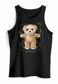 Black tank top featuring a cartoon teddy bear with a stitched mouth and X-shaped eyes, set against a technical drawing background.
