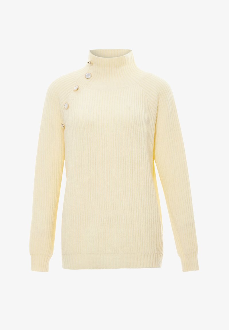 Pulover ribbed de culoare galben deschis, cu guler înalt, având butoane decorative pe umăr și mâneci lungi ajustate, fabricat dintr-un material moale.