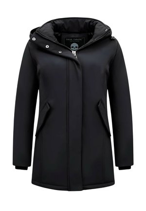 Zwarte dames winterjas met capuchon, voorrits en drukknopen, schuine zijzakken en een schedel logo binnen de kraag.