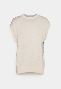 Maglione beige a maglia con scollo tondo, maniche corte e texture a rombi. Presenta un orlo a costine e un tessuto morbido.