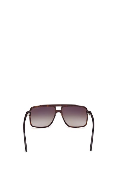 Sunglasses with a tortoiseshell frame, square shape, gray gradient lenses, and thin black arms. Features a horizontal bridge detail.