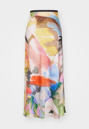 Χρωματιστή μίντι φούστα με μαλακό ύφασμα και συνδυασμό αφηρημένων λουλουδένιων μοτίβων σε ροζ, μπλε, πορτοκαλί και πράσινο. Μαύρη ζώνη μέσης.