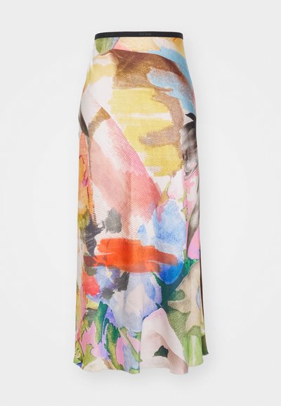 Jupe midi colorée en tissu doux, ornée d'un mélange de motifs floraux abstraits dans des teintes de rose, bleu, orange et vert. Ceinture noire.