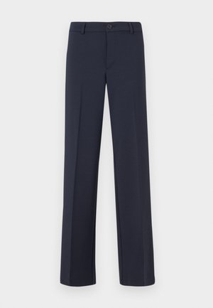 Pantaloni dritti blu navy realizzati in un tessuto morbido. Presentano una chiusura frontale con bottone e tasche laterali. Design semplice e moderno.