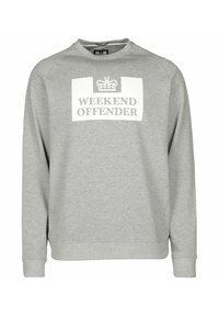 Halli pika varrukaga dressipluus, ümmarguse kaelusega, valge ristkülikukujulise graafikaga, millel on kiri "WEEKEND OFFENDER" ja krooni detail.