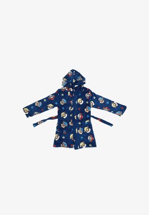 Túnica azul con capucha que presenta caras de perro de dibujos animados y huellas de patas, hecha de tela suave, con mangas largas, bolsillos y un cinturón de lazo.