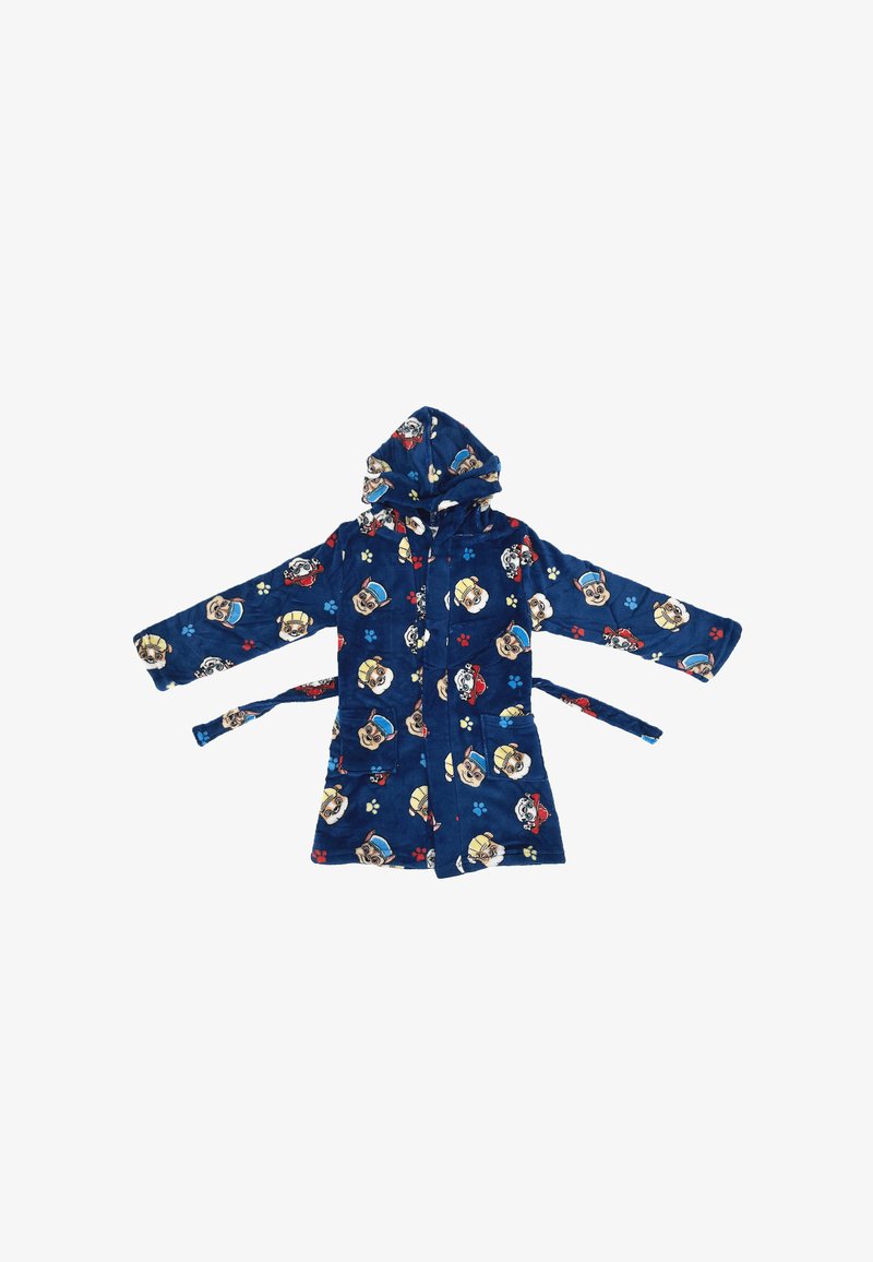 Blauwe gewatteerde jurk met cartoon hondengezichten en pootafdrukken, gemaakt van zachte stof, met lange mouwen, zakken en een strikriem.